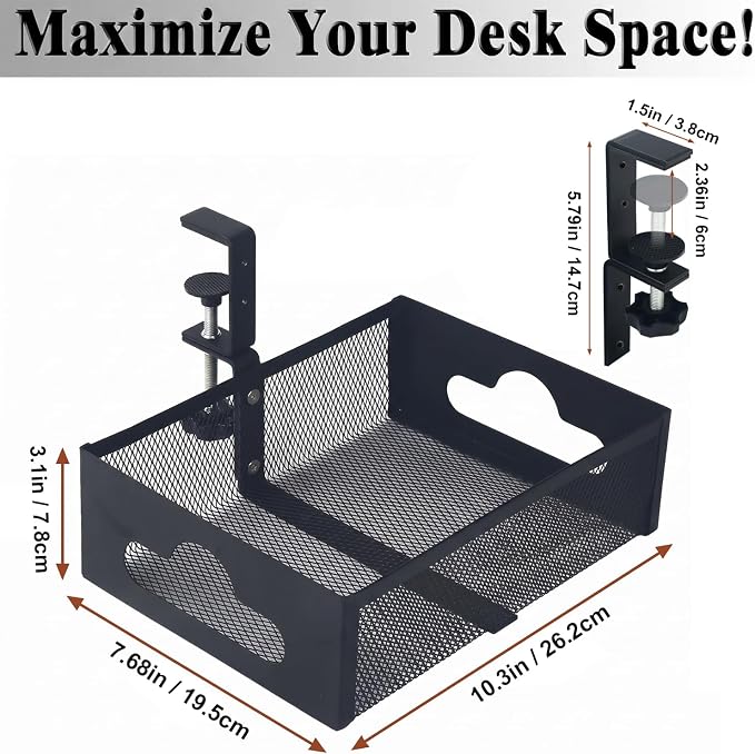 Under Desk Organizer 360° Swivel,under Desk Drawer, Clamp-On No Drill Installation,Sturdy Mesh Storage Drawer for Office,Drawing Room and Kitchen Room,Art Supplies and More(Without Cup Holder)