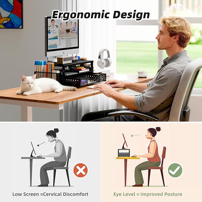 Simple Trending 2-Tier Monitor Stand Riser, Drawer & 2 Pen Holders, Black | Sturdy Material