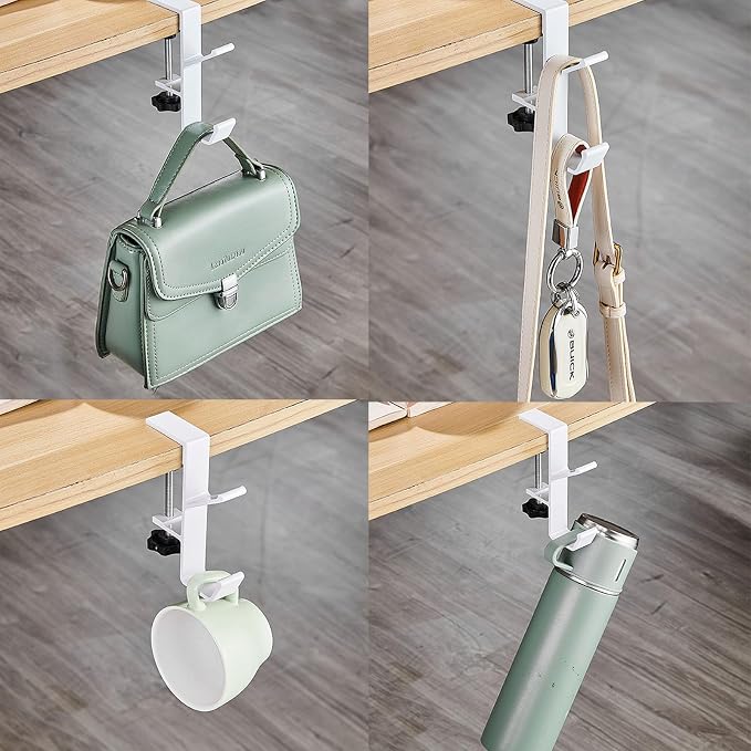 2 Pcs Adjustable Table Clamp Hooks Aluminum Alloy Under Desk Holder Desk Side Mount Hook for Headphones Bags Hats Keys Vacuum Cup (White)