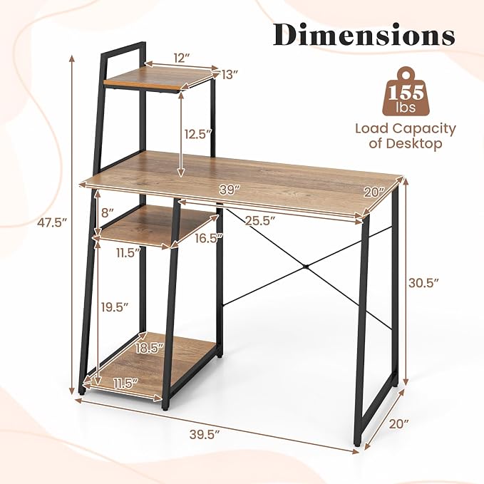 Tangkula Computer Desk with Shelves, Space Saving Home Office Desk with 3-Tier Ladder Shaped Storage Bookshelf, Modern Writing Study Desk with Metal Frame, Compact Computer Workstation (Natural)