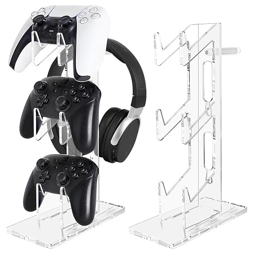 FYY Game Controller Holder 3 Tiers - Universal Dual Stand and Headphone Holder, Acrylic Clear Display Compatible With Nintendo Switch, Xbox, PS5, PS4 - Desk Mounts for Controllers