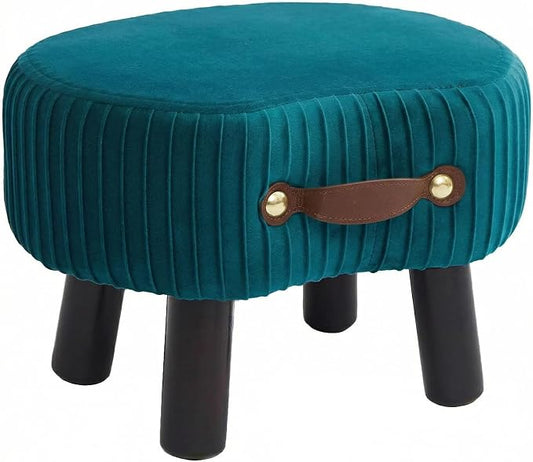 Foot Stools Small, Ottomon with Handle, Velvet Footrest Ottoman | Curved Foot Stool with Padded Seat Wooden Legs, Portable Foot Rest for Living Room, Bedroom, Entryway, (Peacock Blue)