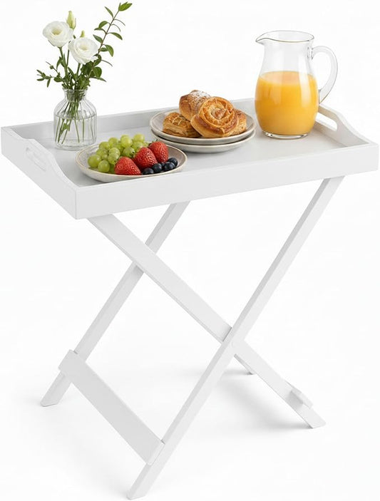 Lavish Home Folding TV Tray Table - Contemporary Side Table with Removable Tray Top for Food Serving, Meals, or Decor in Living Room, Bedroom, or Home Office (White)