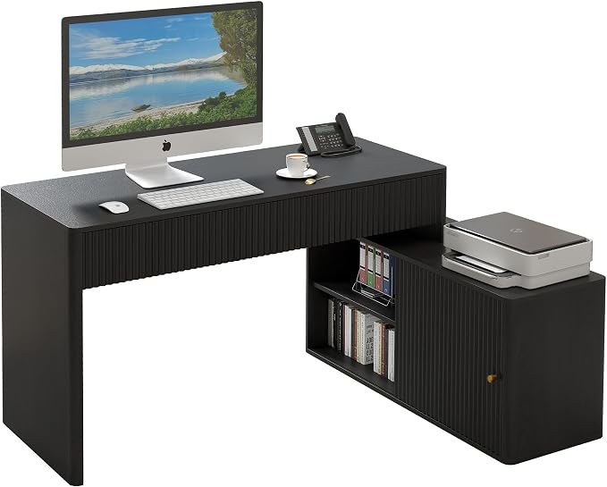 Modern Computer PC Desk Table with Storage, Corner L Shaped Desk with Drawers, Home Office Desk for Bedroom and Small Space, for Writing, Executive, Study, Work, Vanity - Black