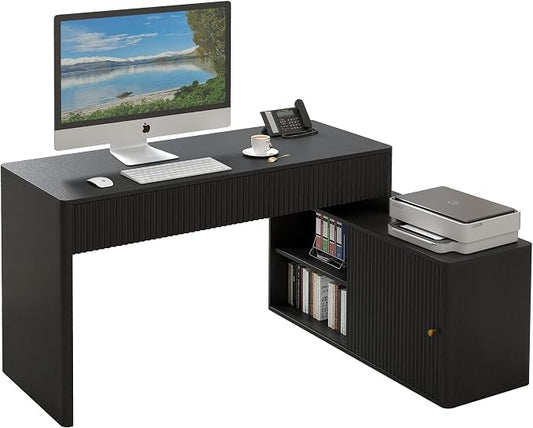 Modern Computer PC Desk Table with Storage, Corner L Shaped Desk with Drawers, Home Office Desk for Bedroom and Small Space, for Writing, Executive, Study, Work, Vanity - Black