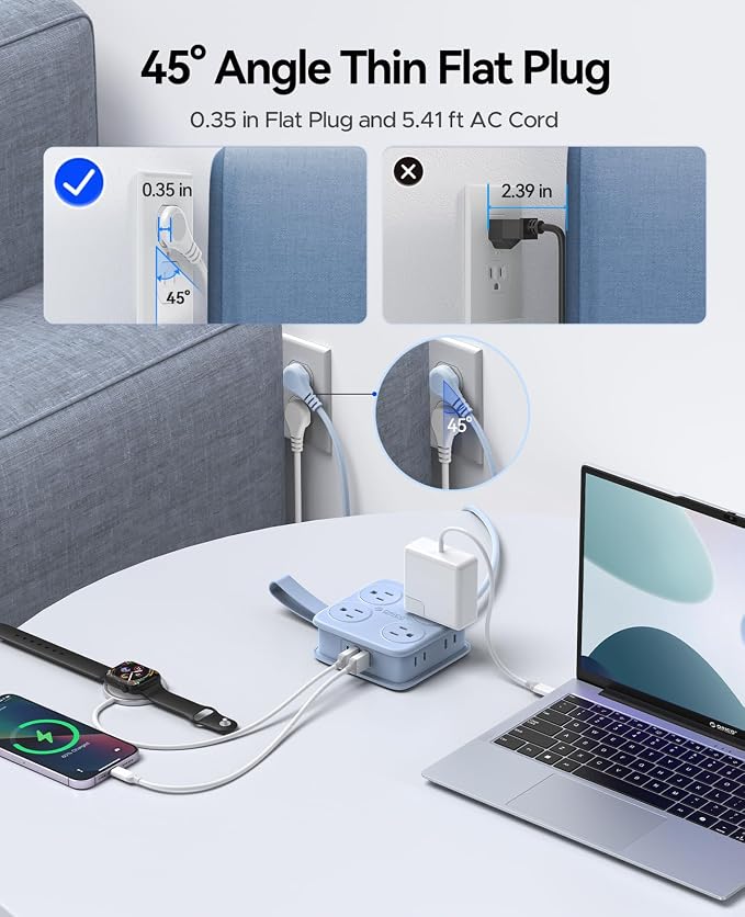 5 Ft Extension Cord with 3 USB Ports, ORICO Power Strip for Desktop, 4 Side Outlet Extender(8 AC) & Flat Plug, 11 in 1 Charging Station for Home/Office/Dorm - AP3 PRO