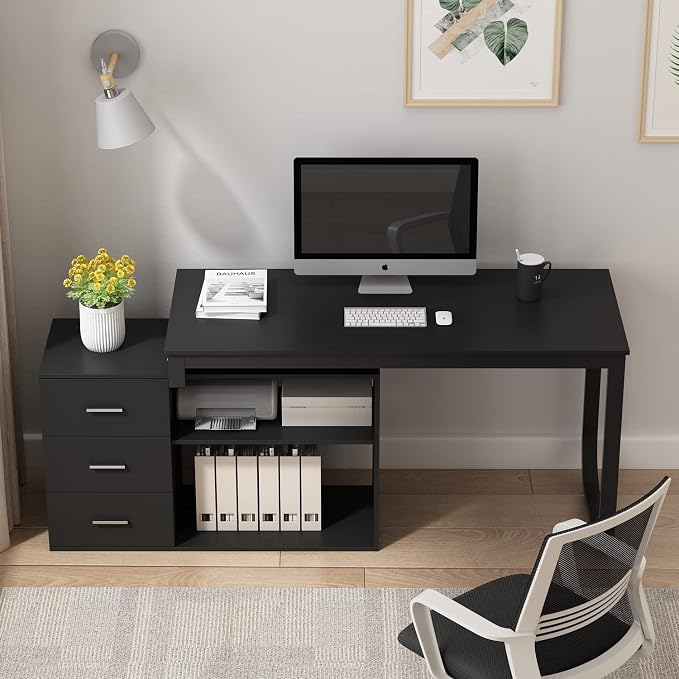 Homsee Home Office Computer Desk Corner Desk with 3 Drawers and 2 Shelves, 54 Inch Large L-Shaped Study Writing Table with Storage Cabinet - Black