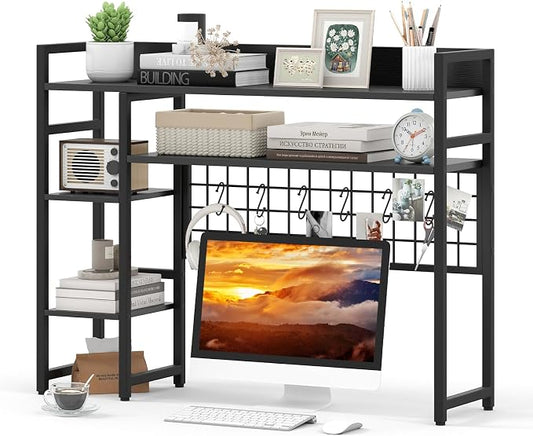 Tangkula Desktop Bookshelf for Computer 32” Monitor, 37" Countertop Storage Hutch with 4 Open Storage Shelves, Grid Panel, Anti-tip Device, 4-Tier Desktop Display Shelves for Home Office