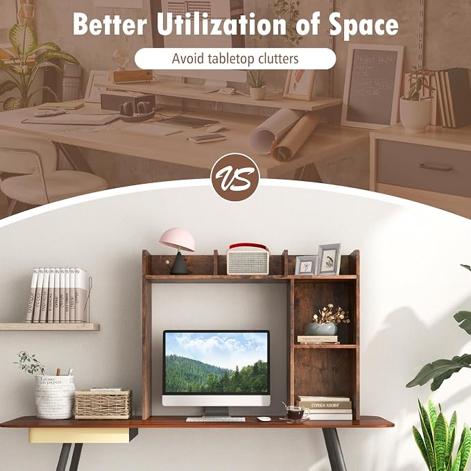 Giantex Desktop Bookshelf, Wood Desk Hutch Organizer for 27 Inch Computer Monitor, Countertop Storage Display Rack with 5 Shelves, Multipurpose Desktop Shelf Bookcase for Dorm Office Home, Brown