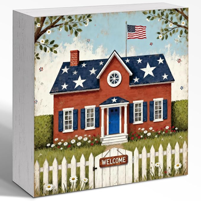 Patriotic Wooden Box Sign,Stars And Stripes House 4th Of July Signs Home Decor,Independence Memorial Day Block Sign for Desk Shelf Tabletop Decor