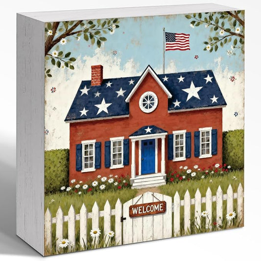 Patriotic Wooden Box Sign,Stars And Stripes House 4th Of July Signs Home Decor,Independence Memorial Day Block Sign for Desk Shelf Tabletop Decor