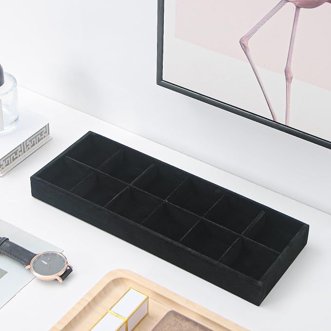 Divided Drawer Organizer, Velvet Jewelry Storage Tray for Necklace, Bracelet, Ring, Earring Display - Bedside Nightstand Desk Holder for Phone, Watch, Sunglasses, Cosmetics Storage/Black/12grid