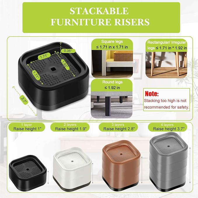 9 Pack Furniture Risers 1 Inch, Adjustable Bed Risers Heavy Duty for Table Desk Couch Chair Sofa Cabinet Bed Legs Dorm, Square Stackable Bed Raisers Blocks Lift Height 1", 2" or 3", Black