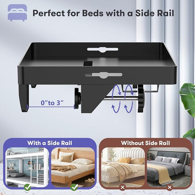 Bedside Shelf, Bunk Bed Table Shelf for Top Bunk, Black Clip On Nightstand with Removable Cup Holder&Power Strip Holder,Bunk Bed Tray for Dorm Bed&Loft Bed,College Dorm Room Essential(Updated Version)