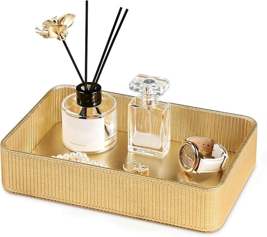 PU Leather Valet Tray Organizer, Modern Nightstand Organizer Bedside Desktop Storage for Womens and Men, Decorative Perfume Trinket Catchall Vanity Tray for Key Watch Wallet (Gold)