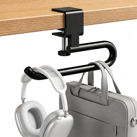 Desk Hook & Bag Hooks for Tables, Anti-Slip 60LB Heavy Duty Clamp-On Backpack Hanger, Extended Clearance Bag Holder for Desk for Office & Gaming, Adjustable (0.19-1.57in) (Black)