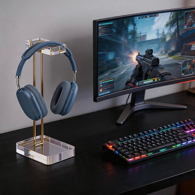 Acrylic Headphone Stand for Desk, Crystal Clear Headset Holder with Gold Metal Accent, Stable Non-Slip Base, Universal Gaming Headphone Hanger for PC Setup, Office & Home Desk Accessories