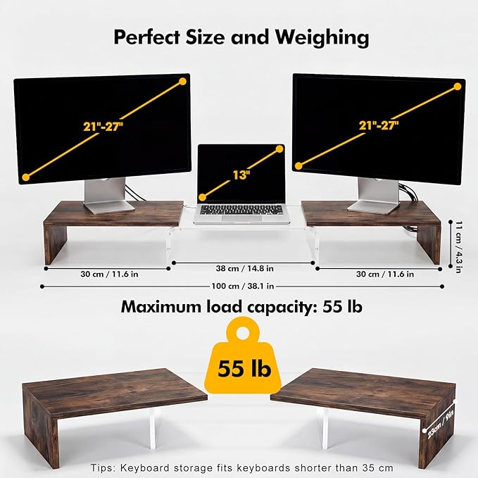 Dual Monitor Riser, Acrylic Monitor Riser with Keyboard Storage, Adjustable Angle & Length Computer Monitor Stand, Wide Desk Shelf for Top of Desk for Home Office_Wood Look