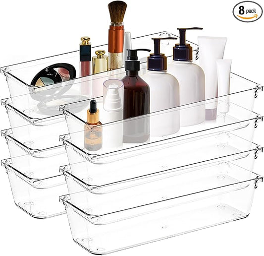 8 Pack Drawer Organizer - 3" X 9" Clear Acrylic Storage Bins with Non-Slip Pads, Versatile Desk Tray for Makeup, Jewelry, Kitchen, Bathroom, and Office Organization