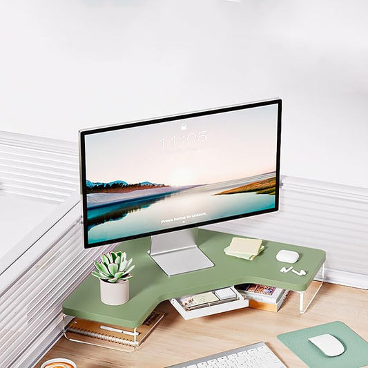 SAZDFY Wooden Corner Monitor Stand, Office Desktop L-Shape Desk Triangle Riser Space Saving Corner Organizer with Drawer, Office Desktop Shelf Organizer for Laptop/Computer, Green