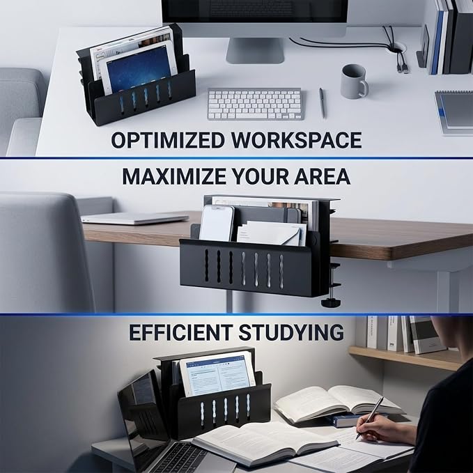 2 Tier Clamp On Desk Shelf, Metal Side Desk Organizer with Pen Holder for Home and Office, Laptop Holder No-Drill Mount for Desktops Up to 2.1 inch Thick