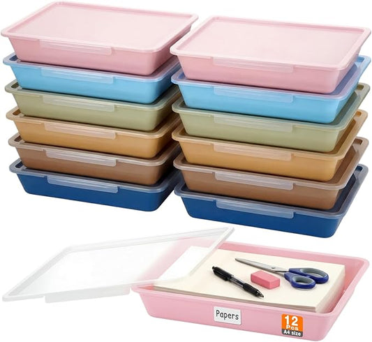 Tinlade 12 Pcs Classroom Paper Storage Bins with Clear Latching Lid, Label Stackable Letter Size Flat Tray Container for Teacher Back to School Supplies Home Office Desk Arts Crafts (Morandi,13x10in)