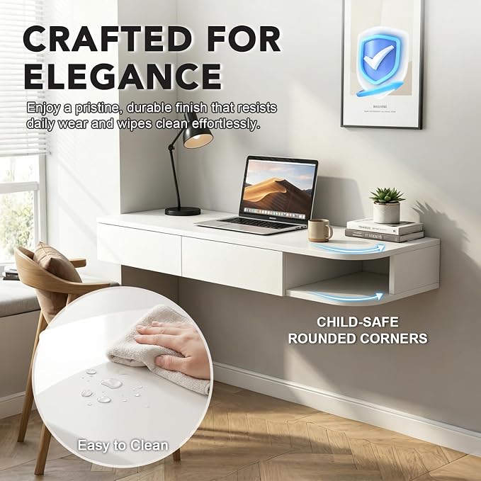 Corner Floating Desk with Drawer, Wall Mounted Desk with Open Shelving, Floating Makeup Vanity with Storage, Scratch-Resistant, Space Saving, for Bedroom Living Room Small Spaces Apartment