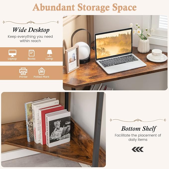 GOFLAME Corner Desk with Power Outlet, Triangle Computer Desk for Small Space, Space-Saving Writing Desk with Storage Shelf and Charging Station, Modern Laptop PC Desk for Home Office, Rustic Brown