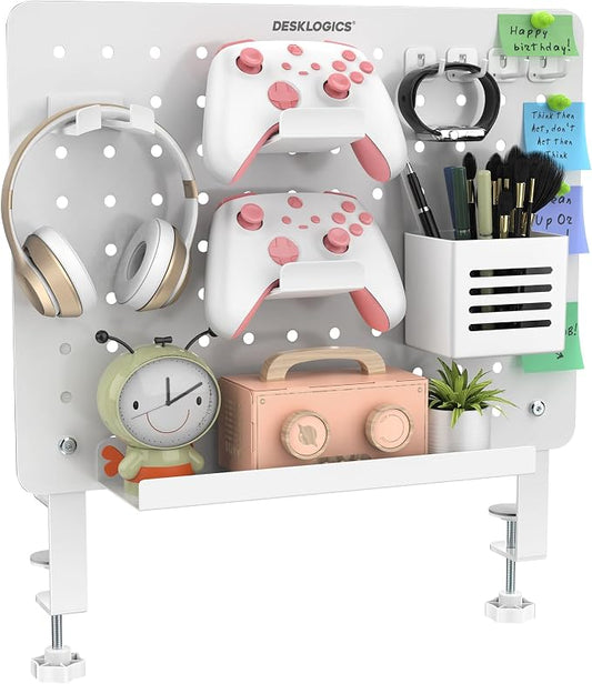 Clamp-on Desk Pegboard – Steel No Drill Desktop Organizer Panel with Gaming Controller Holder, Headphone Hook, and Storage Shelf – Vertical Mount for Office and Home Setup(White