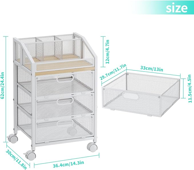 HapiRm Rolling Makeup Cart Organizer - Under Desk Makeup Storage with Wheels, Floor Make up Cart Skincare Organizers Desk Vanity Storage Organizer Cabinet for Cosmetics Makeup Brush Hair Tool, White