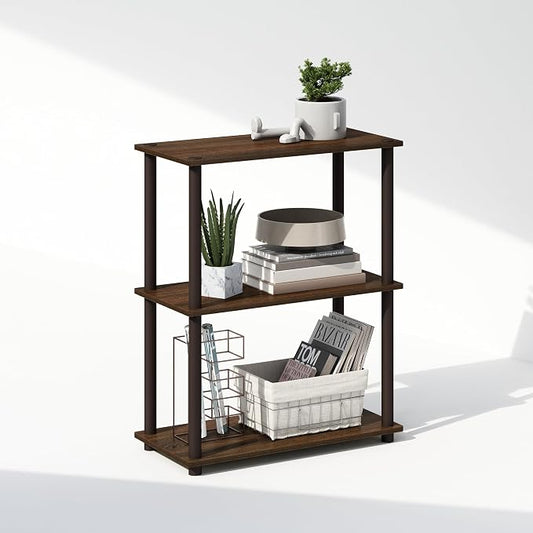 Furinno Turn-N-Tube Book Shelf, 3-Tier Bookshelf, Bookcase with Multipurpose Compact Display Rack, 11.6 x 23.6 x 29.6, for Living Room, Bedroom, Home Office, Walnut/Brown