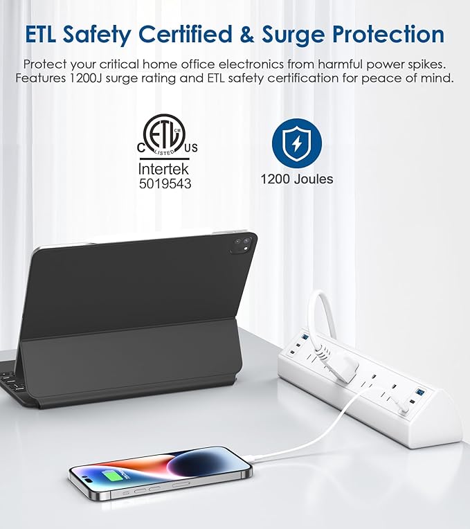 Jgstkcity Desk Clamp Power Strip USB C,40W Total Fast Charging Station,4 PD 20W USB C Ports,Desk Edge Mount Surge Protector,5 Outlets,Fit 1.96" Tabletop Edge,ETL Listed,White (Pack of 2)