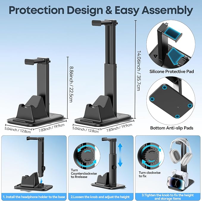 Gaming Headset & Controller Stand, Rotating Headphone Storage with Controller & Phone Holder, Game Desk Storage with Cable Organizer for PS5/PS4/XBOX PC Gamer Essentials Organizer Gift Accessories