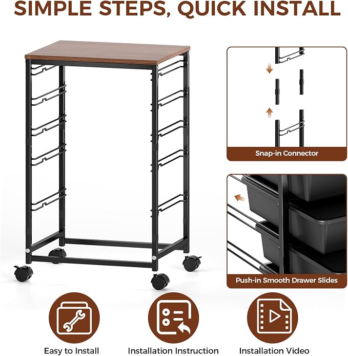 SYKIARIOL 5-Tier Rolling Utility Storage Drawer Craft Cart on Wheels with Wooden Tabletop, Mobile Craft Storage Drawer Cart Trolley for Home Office, Classroom, Craft Room & Kid Room, Black