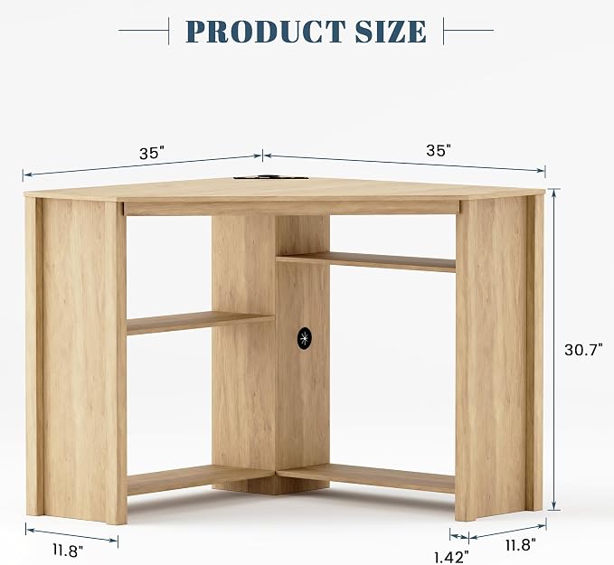 Corner Desk with Charging Station & LED Light, Triangle Corner Desk with CPU Stand & Storage Shelves, Gaming Computer Desk for Home Office