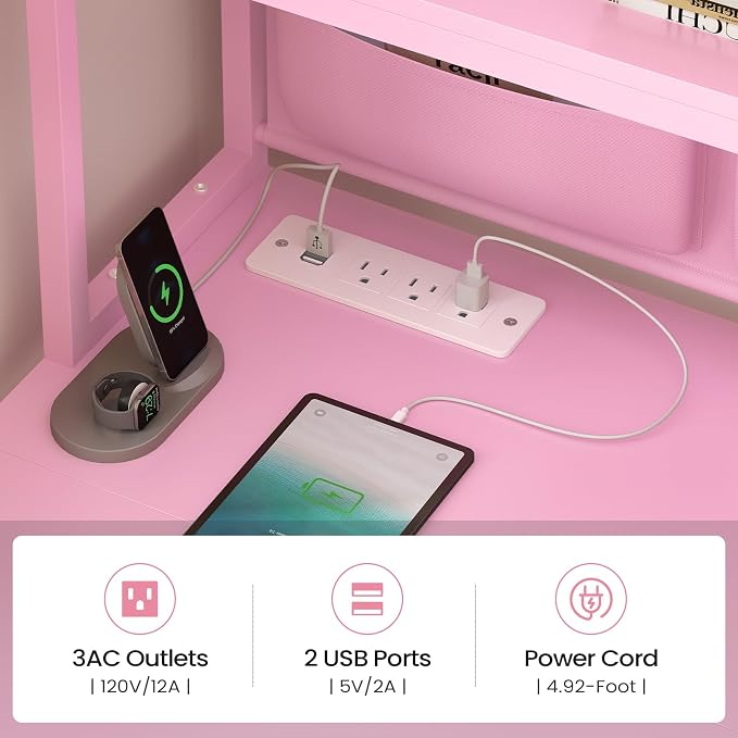 SEDETA L Shaped Gaming Desk, Home Office Computer Desk with 2 Drawer and Bookshelf, L Shaped Gaming Desk with LED Light, Glass Cabinet and Storage Bag, Corner Desk with Storage Shelves, Pink