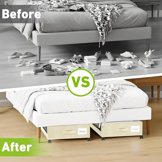 Molutsody Under Bed Storage with Wheels, 4-Pack UnderBed Storage Containers with Clear Lids, Under Bed Shoe Storage Organizer, Rolling Under Bed Storage for Clothes Shoes Blankets (Beige)