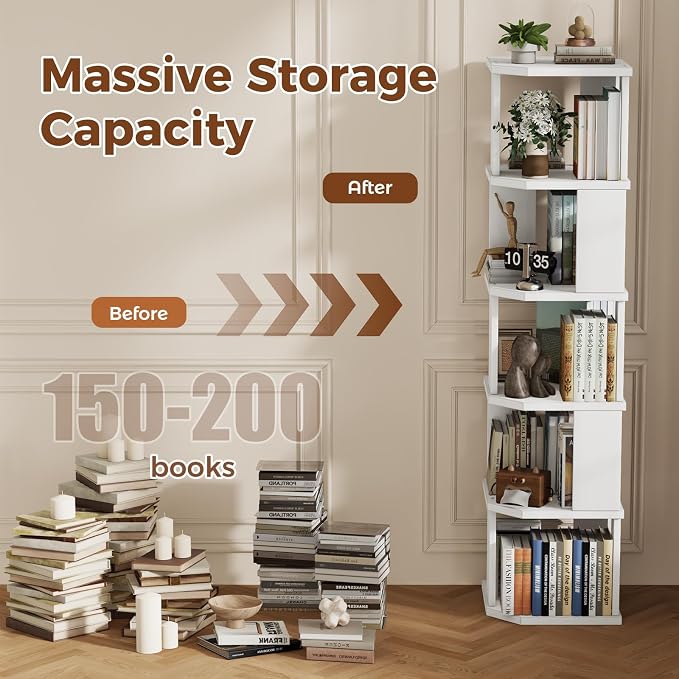5 Tier Square Bookshelf Tower, Floor Standing Corner Bookshelf Modern Organizer Storage Display Rack for Home Office Living Room Study, Small Spaces