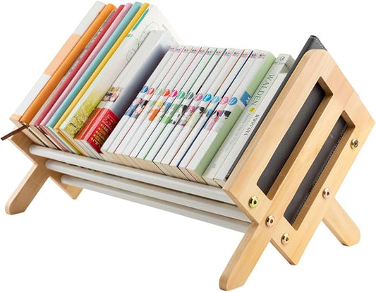 Desktop Bookshelf, Wood Tilting Bookcase with Iron Rack, Book Organizer for CDs/Magazine/Books Display, Storage Rack in Living Room/Studyroom/Home/Office, Yellow & White, 16"