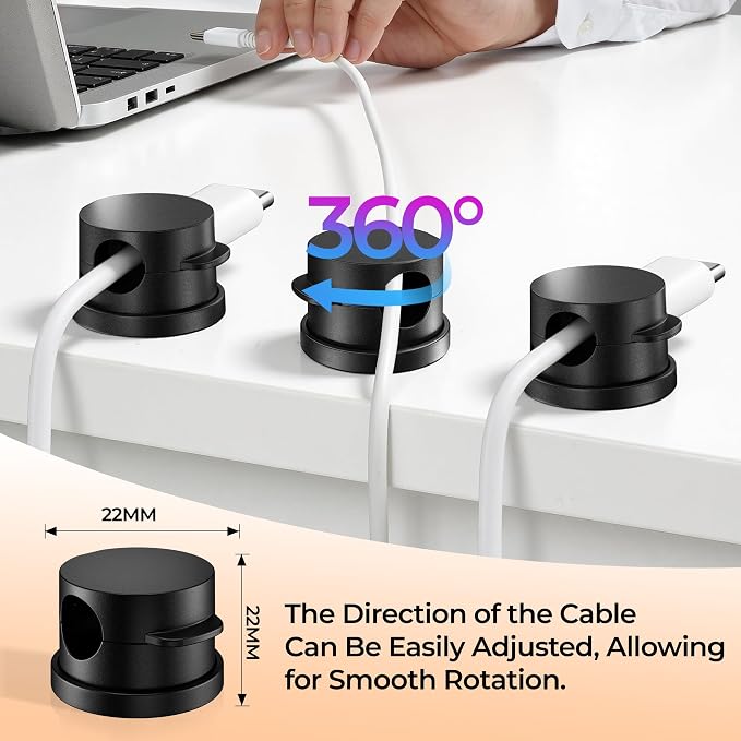 10 Pack Rotatable Cord Holder Organizer & Silicone Cable Straps Set | Adhesive Cable Clips Holder for Desk, Wall, Car - Wire Management Clips for iPhone Charger, USB, Computer Cables Cord Keepers