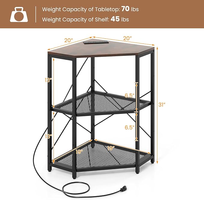 Tangkula Corner Printer Stand with Power Outlet, 3-Tier Storage Rack with Adjustable Metal Mesh Shelf, Freestanding Corner Table Computer Tower Holder for Home Office Living Room (Rustic Brown)
