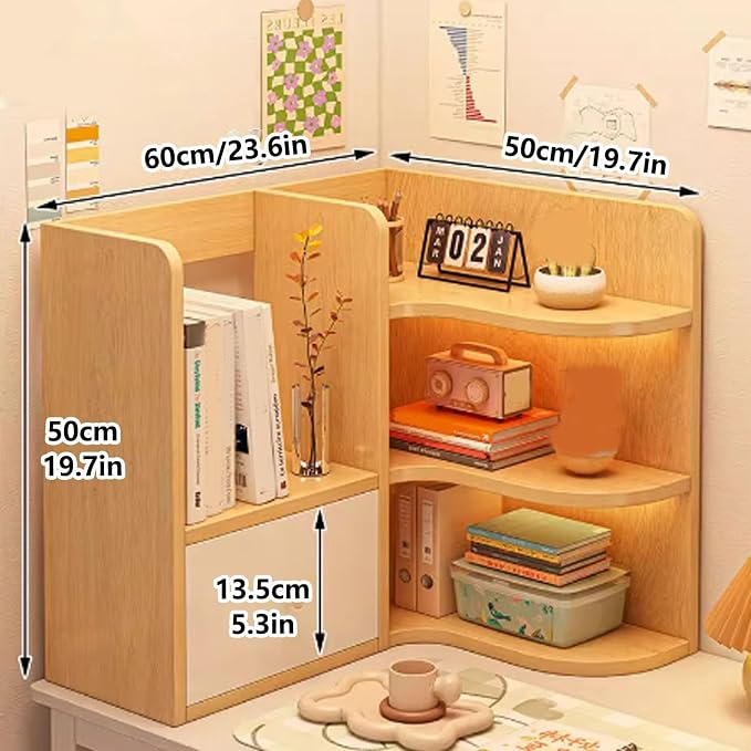 Corner Desk Shelf Organizer – 3-Tier Wooden Desktop Bookshelf, Freestanding Display Rack for Home Office, Dorm, American Style Storage Shelf(Natural,59x50cm/23.6x19.7in)