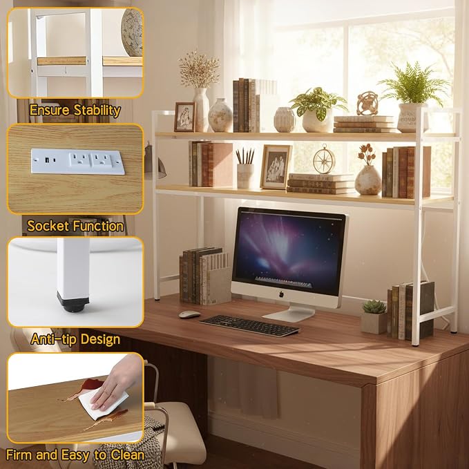 38.5" Desk Shelf with Outlets, 2-Tier Adjustable Multipurpose Engineered Wood Organizer Desk Hutch, Office Storage Rack, Desktop Shelf Organizer for Dorm,Office Home(Nature)