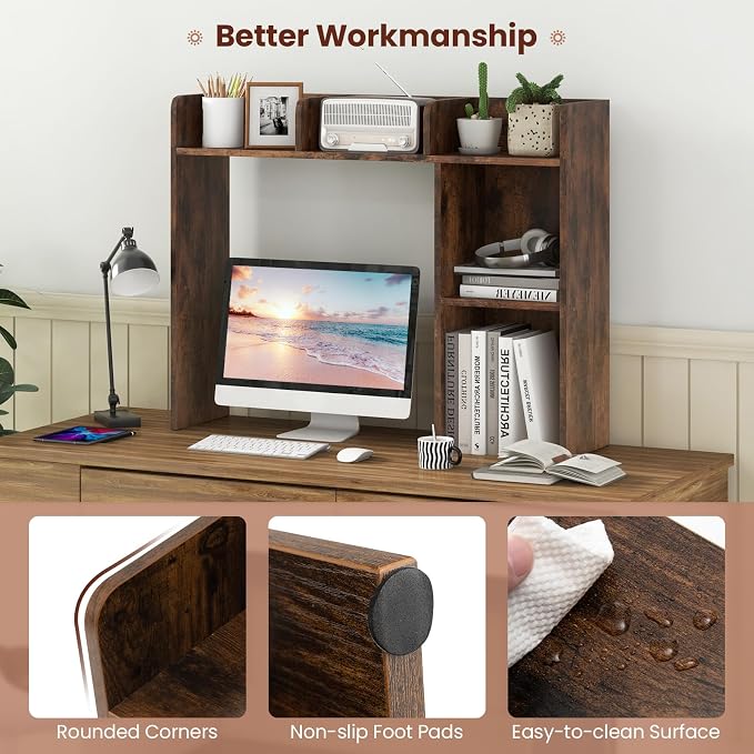 Desktop Bookshelf, 3-Tier Desk Organizer Shelves with 5 Display Rack, Countertop Storage Bookcase for Computer Desk, Desk Hutch Shelf for Top of Desk, Dorm, Home, Office (Rustic Brown)