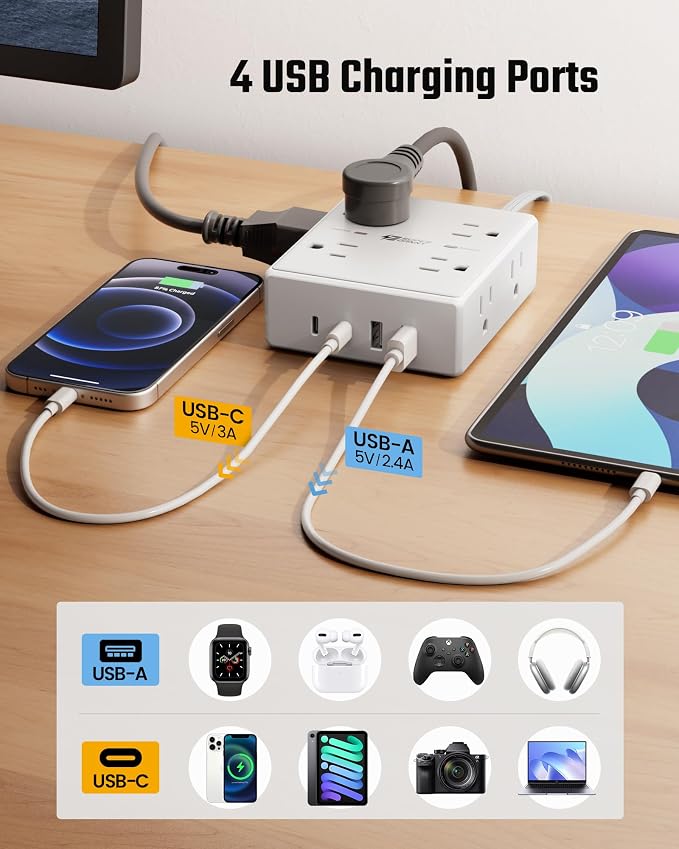 20Ft Long Extension Cord, Flat Plug Power Strip with 8 Outlets & 4 USB Ports (2 USB C), Wall Mountable Surge Protector, Desk Charging Station for Home Office, College Dorm Room Essentials