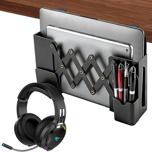 Desk Side Storage，Under Desk Clamp-on Vertical Laptop Holder,7-17 Inch Length Adjustable with Pen & Headphone Holder,No Drill Storage Shelf for Desk，Fits Table Edge 0.4" to 2.3"(Black)