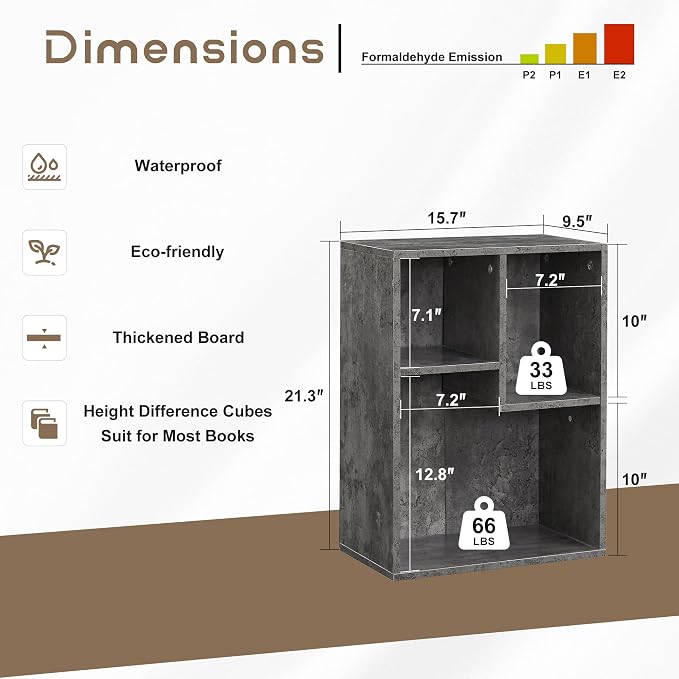 VECELO 15.7" Open Bookshelf, Waterproof Particle Board Asymmetrical Split Cubby Storage Organizer, Gray Uneven Compartment Display Cube for Tall Books, Bedroom Dorm Office