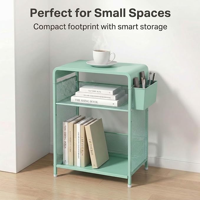 ECOLOVI 3 Tier Printer Stand for Under Desk, Height Adjustable Shelf Small Printer Table with 3 S-Hooks & Basket, Heavy Duty Industrial Storage Shelf for Home Office (Green Metal)