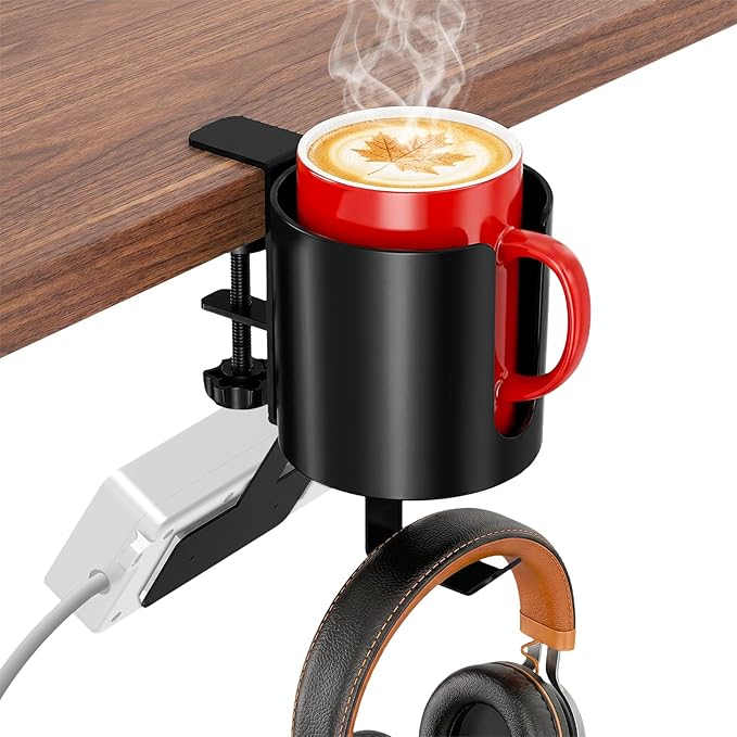 MYITYARD 3 in 1 Desk Cup Holder Clamp, Clip On Table Cup Holder with Headphone Hook & Power Strip Holder, Rotatable Water Bottle Drink Coffee Mug Organizer, Gaming Accessories for Home and Office