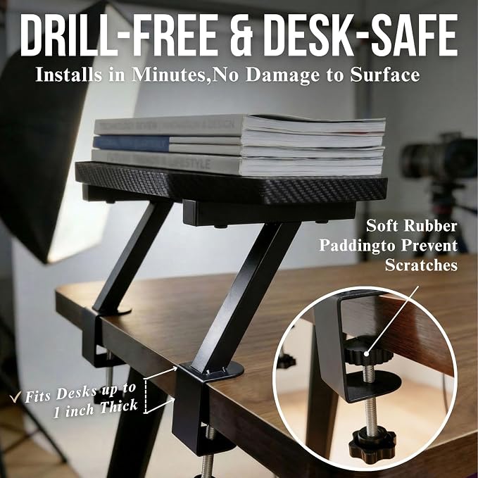 Clamp-On Dual-Layer Desk Shelf Set, Stackable Floating Desk Shelf with Carbon Fiber Textured Surface, 18mm Solid-Core Wood,(Textured Black, 1 Large + 1 Small)
